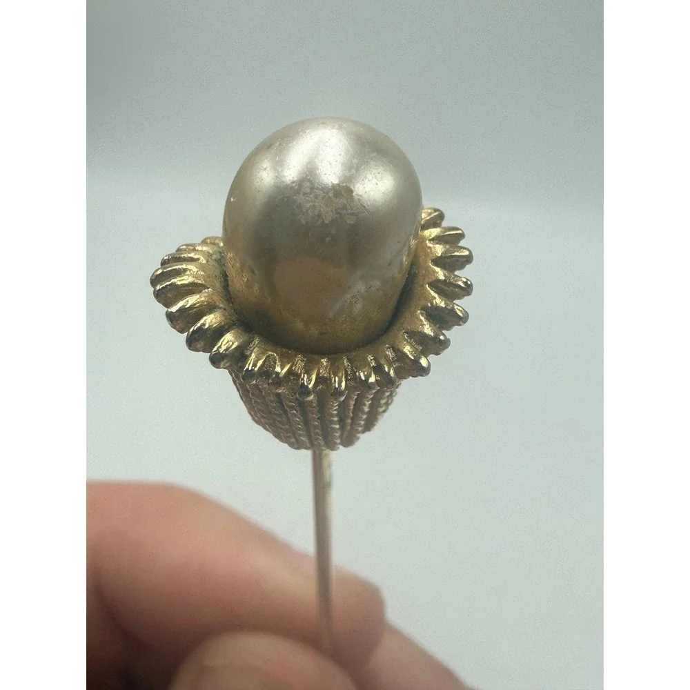 Vintage Faux Pearl Tulip Stick Pin Gold Tone Textured Floral Lapel Hat Pin